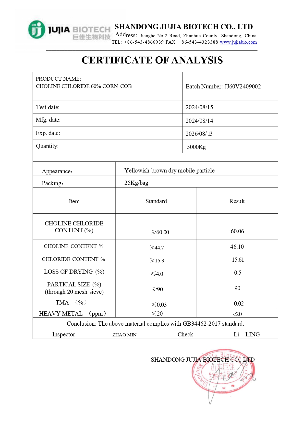  CHOLINE CHLORIDE 60% CORN COB